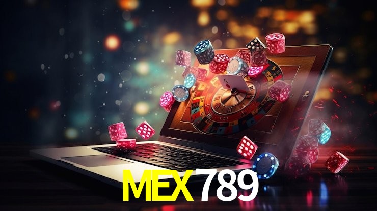 Escena dinámica inspirada en casino con iluminación MEX789, cartas, fichas e íconos de juegos digitales en un espacio moderno de juegos.