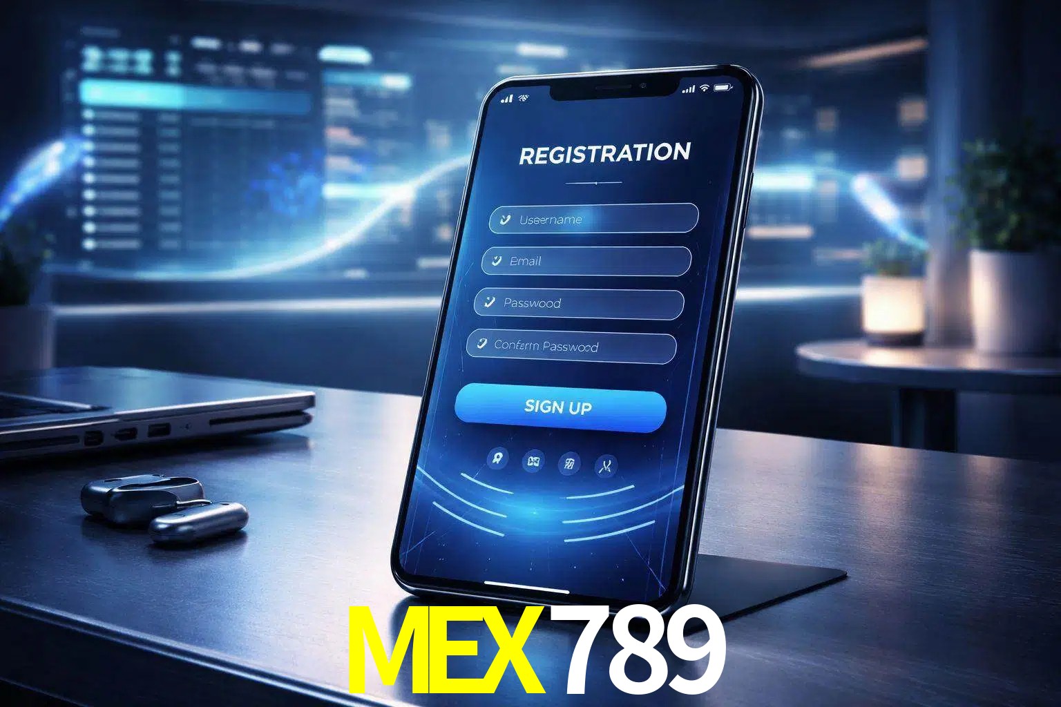 Una interfaz moderna de registro móvil para MEX789 mostrada en un smartphone con un panel de apuestas elegante.